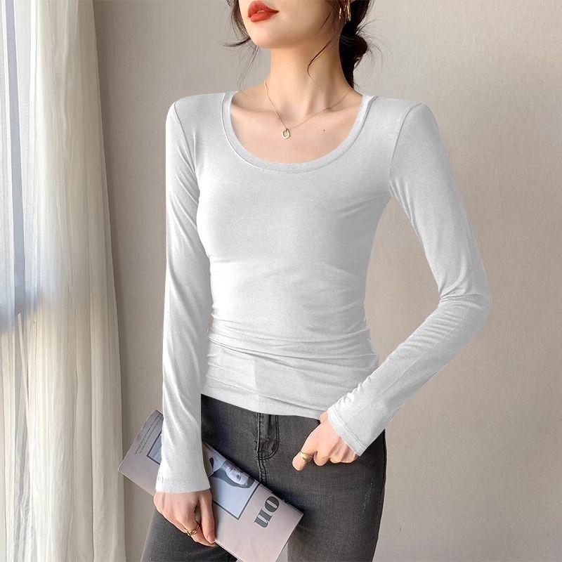 Women's Black Modal Crew Neck Long Sleeve Base Layer Top - Slim Fit, Low Neck Design for 2025 Autumn/Winter
