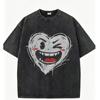 Edgy Graffiti Heart Face Washed Black Tees Evil Smiling Winking and Angry Prints for Grunge Oversized T Shirt