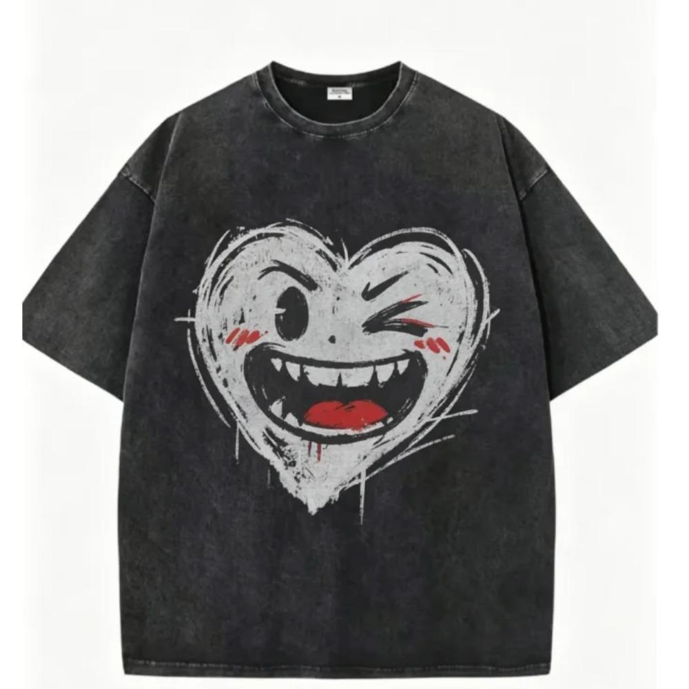 Edgy Graffiti Heart Face Washed Black Tees Evil Smiling Winking and Angry Prints for Grunge Oversized T Shirt
