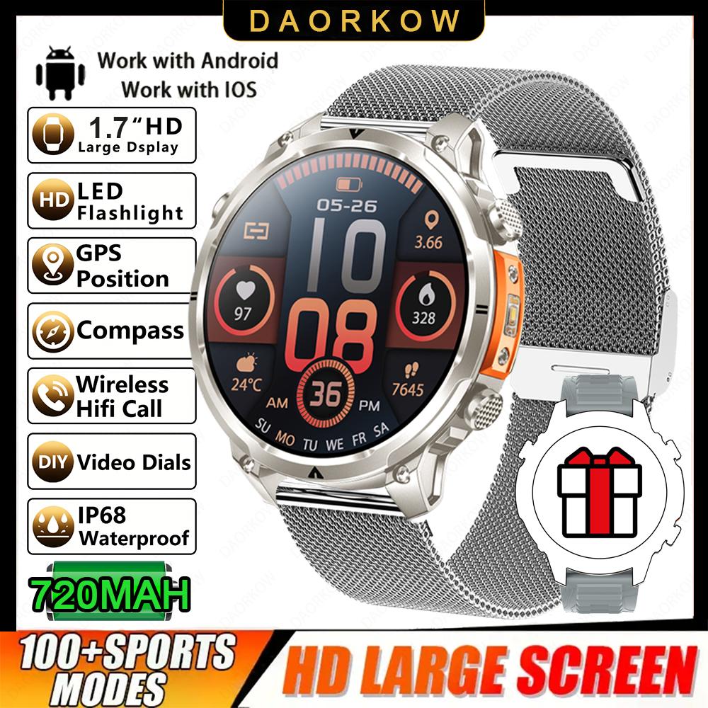 New Men GPS Smartwatch 1.7" HD Screen Military Call IP68 Waterproof 100 Sport Modes Smart Watch with 720mAh Large Battery