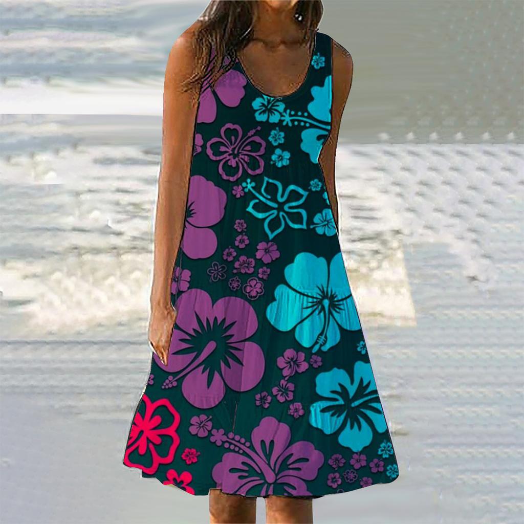 Women's Summer Floral Print Beach Dress Round Neck Sleeveless Dress