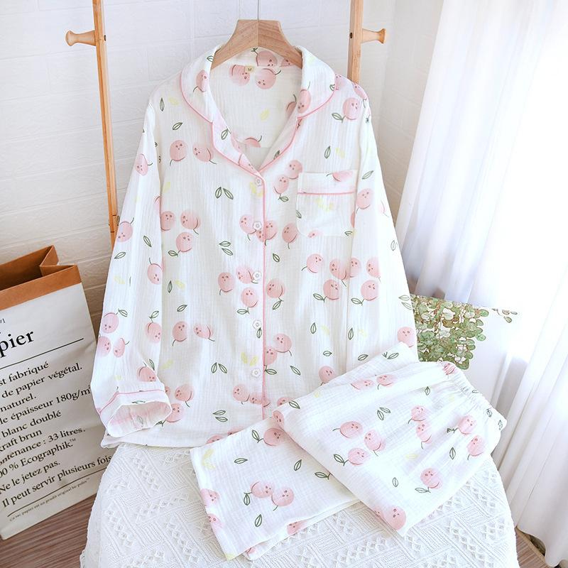 

Spring and Autumn Women s Pajama Set Cotton Crepe Long Sleeved Pants Cardigan Cute Plus Size Home Fury L білий