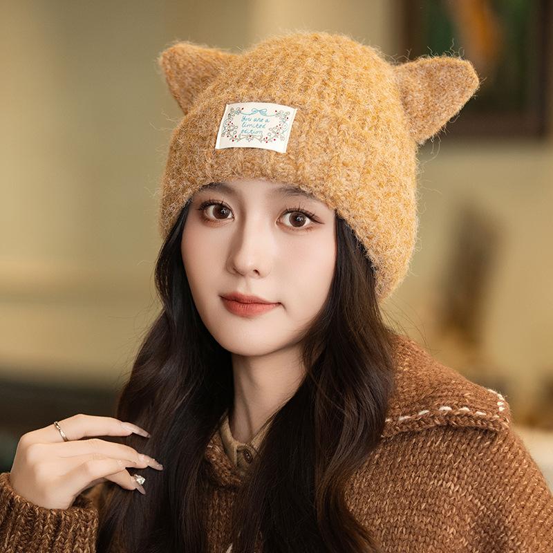 Winter Fashion Warm Wool Hat Female Cute Cat Ears Knitted Hat Warm Ear Protector Hat