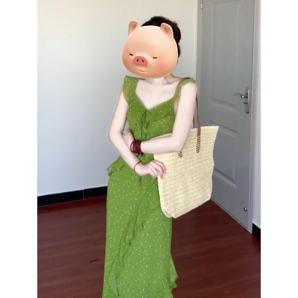 

Мода для девочек новое летнее красивое платье-сарафан с зеленым цветочным принтом и краем в виде лепестков лотоса, детское, для морского отдыха, по талии XL- (recommended 110-60kg)