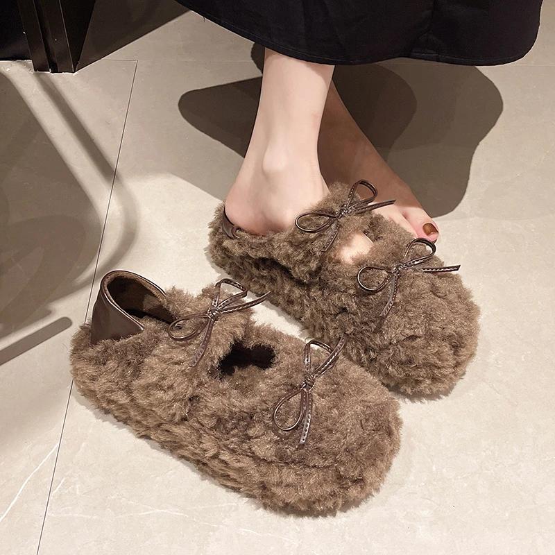 Fashion Women's Fashion Thick Sole Cotton Shoes Winter New Round Head Deep Mouth Suede Butterfly Knot Non-slip Plush Shoes