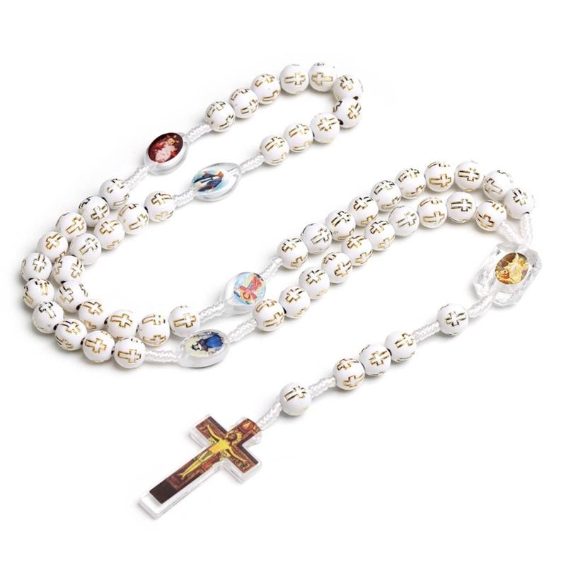 Handmade Plastic Beaded Necklace with Cross Pendant Fashion Catholic Cross Rosary Necklace Jewelry for First Communion