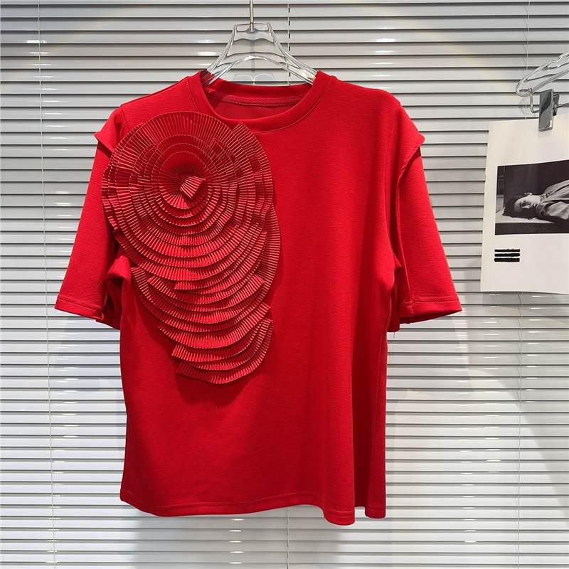 

Топ в стиле интернет-знаменитости с 3D плиссировкой и цветочным принтом, с коротким рукавом, летний - Простой, однотонный, свободного кроя One Size красный