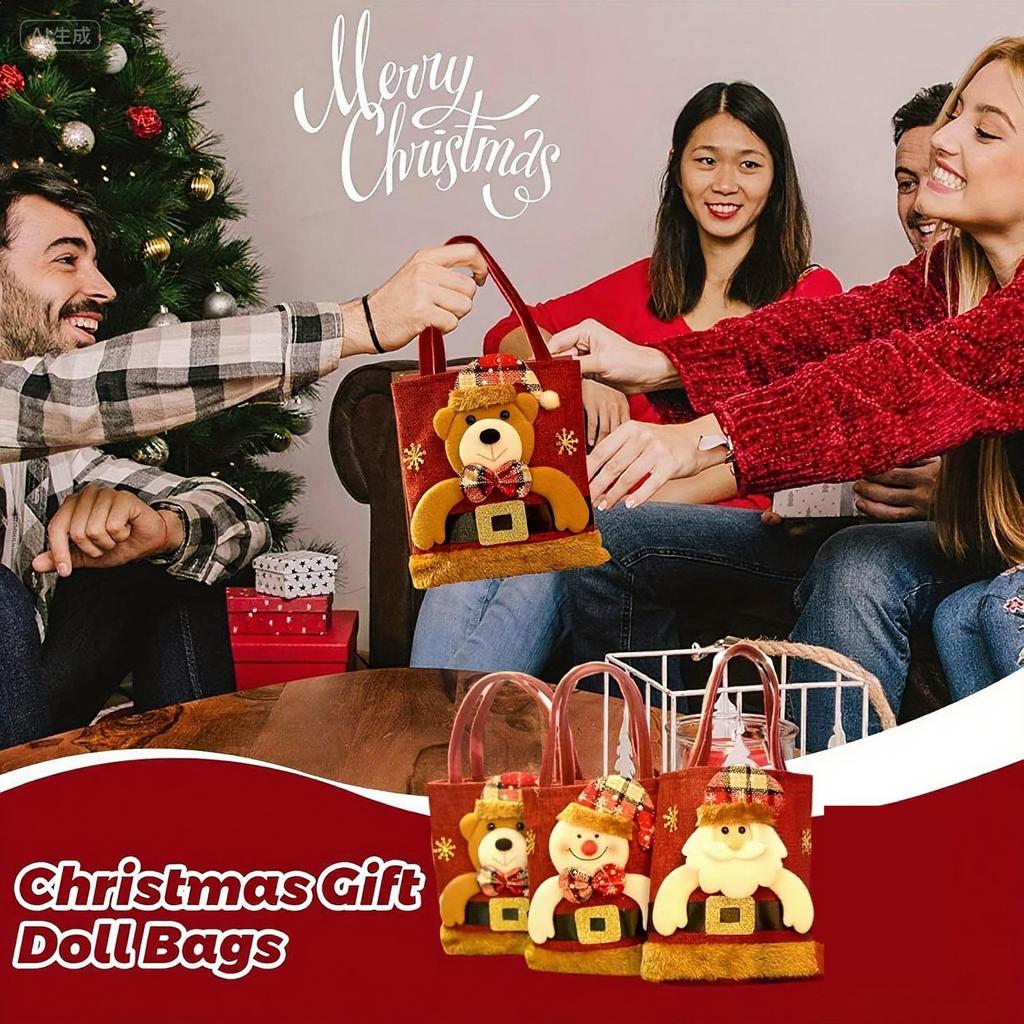 Three Christmas Gift Doll Bags, with Christmas Patterns - Perfect Christmas Decoration Bags, Christmas Tree Hanging Bags