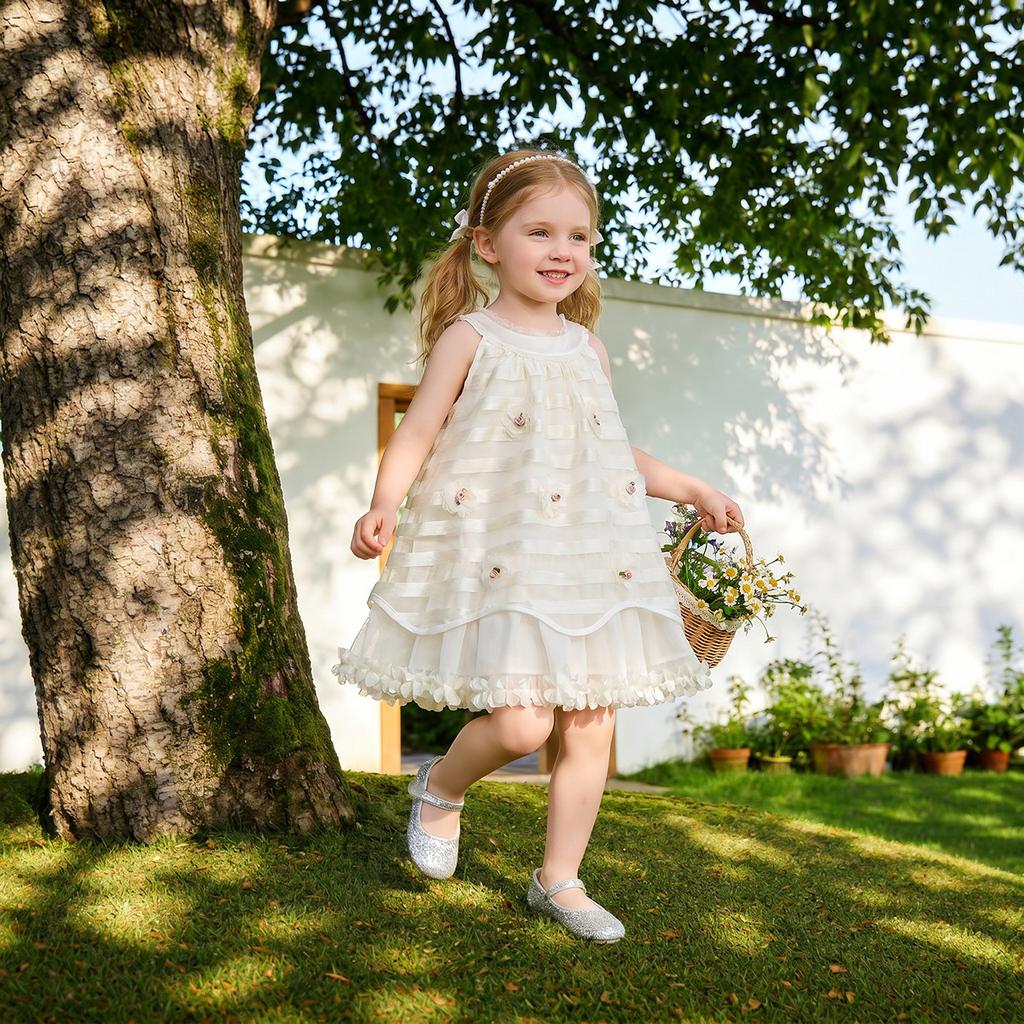 Summer Girls Halter Neck Dress With 3D Flowers Sleeveless Princess Party Dress For Kids