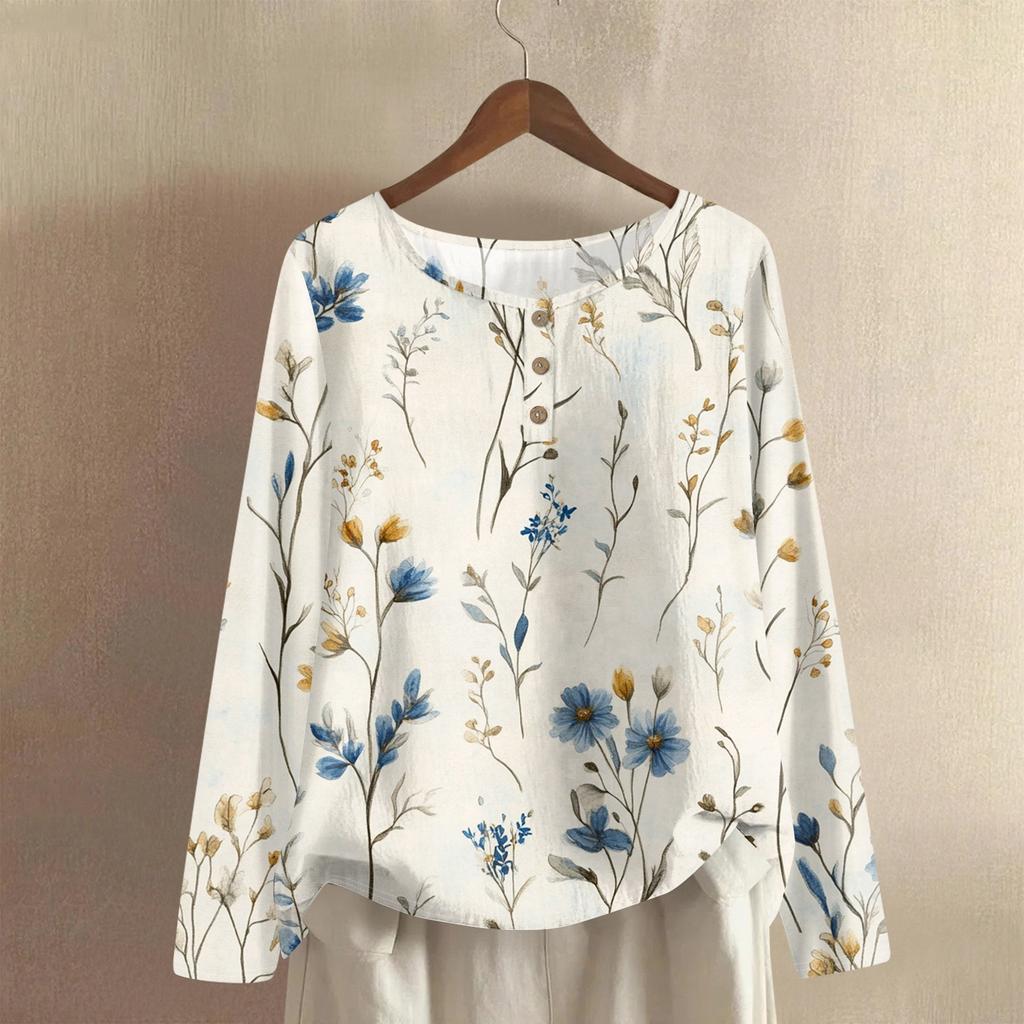 Women's Fashionable And Casual Shirt Long Sleeve Round Neck Solid-color Cotton And Linen Blouse Top
