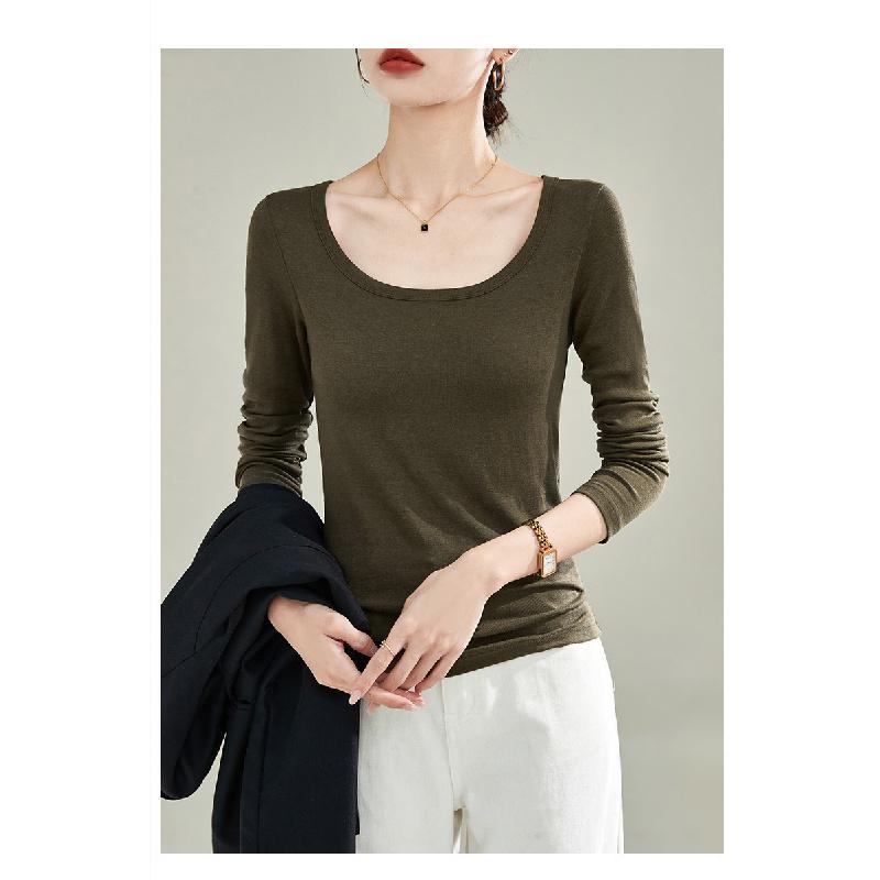 DeRong Spring and Autumn Base Shirt 2026 New Model U-Neck Slim Fit Long Sleeve T-Shirt Commuting Inner Layer Top for Women