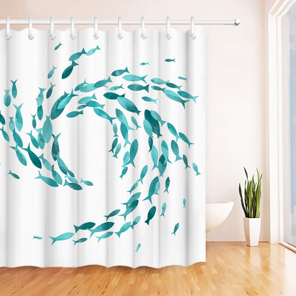 Blue Green Fish Shower Curtain Marine Life Bathroom Decorative Creative Fabric Shower Curtain with Hook Turquoise 90x180cm