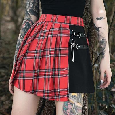 Asymmetrical High-waisted Skirt A-line Punk Plaid Stitching Skirt Rock Gothic Skirt