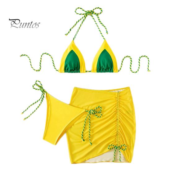

3 шт./компл. женский купальник комплект подходящего цвета в стиле пэчворк на шнуровке с лямкой на шее плиссированная юбка-бикини комплект горячий весенний купальный костюм Bechwear купальники S жёлтый