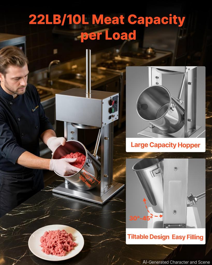 VEVOR Electric Sausage Stuffer 10L Vertical Meat Maker Stainless Steel, for Commercial Use, Stepless Speed Control Meat Stuffer, Sausage Filler Kit