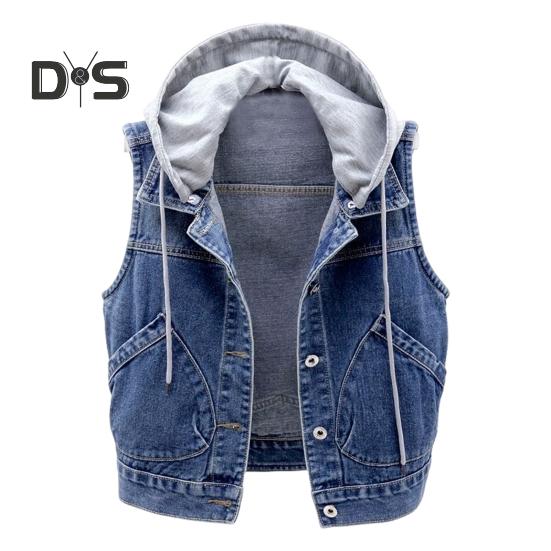 

Осень-весна Женское джинсовое пальто однобортное безрукавное с капюшоном и карманами Свободная куртка с завязками на шнурке Короткий жилет для повседневной носки XL темно-синий