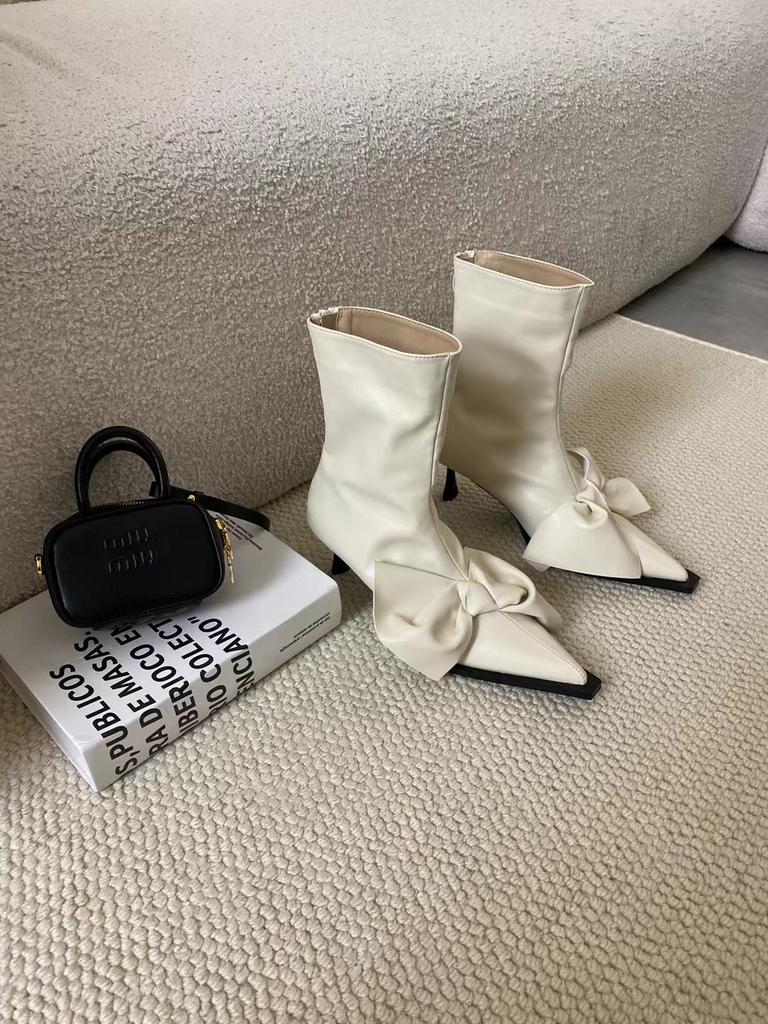 fashion Big Cute Bow Women Ankle Boots Black White Women SHort Sock Botas Thin High Heels Back Zipper Winter Autumn Chelsea Boots 35-39