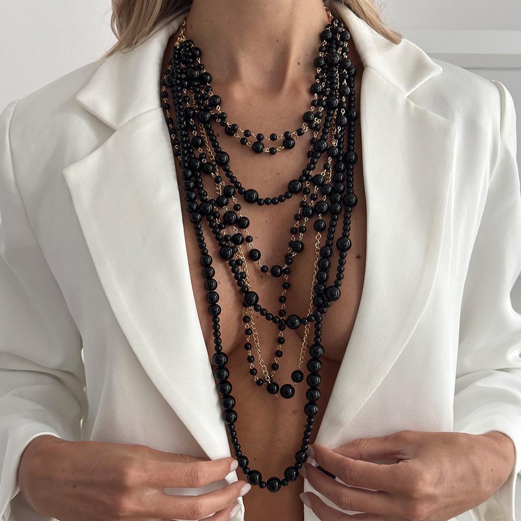 Exaggerated Heavy Industry Stacks Imitation Pearl Necklaces, Fashionable Multi-Layer Long Handmade Beaded Chain Necklaces