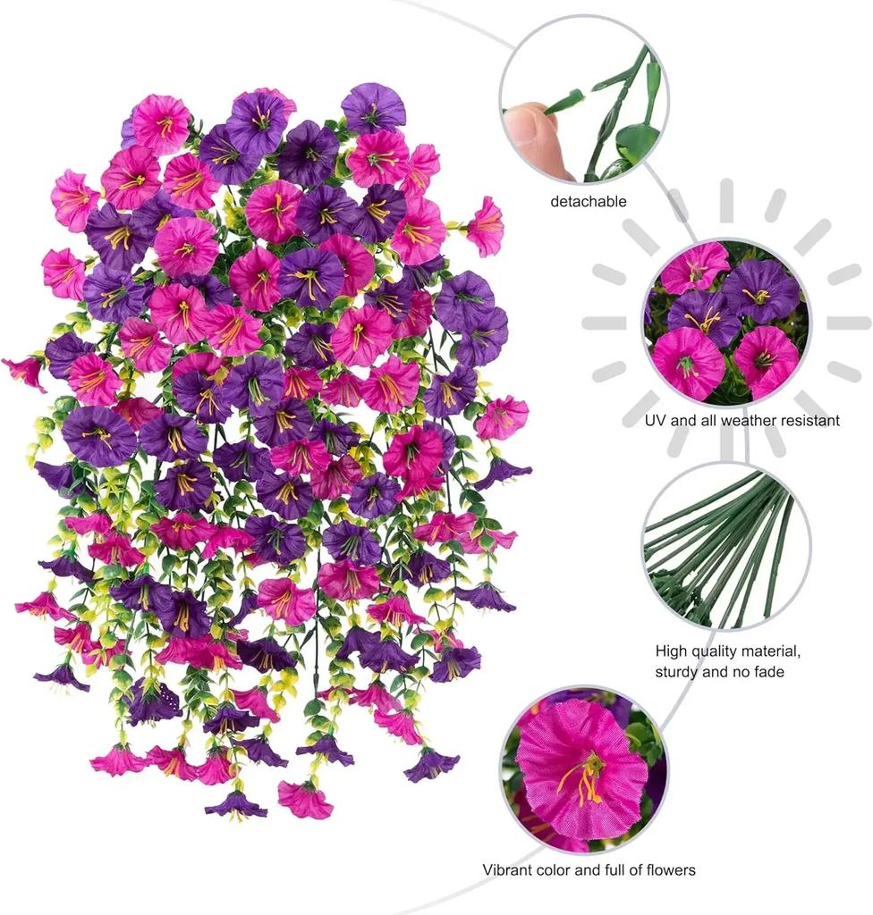 Artificial Morning Glory Wall Hanging Faux Violet Plants Hanging Flowers Simulated Leaf Vines for Home Garden Wedding Decora