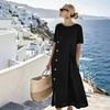 Women's Casual Loose Round Neck Short Sleeve Button Decor Ruched Pocket Midi A Line Linen Dress