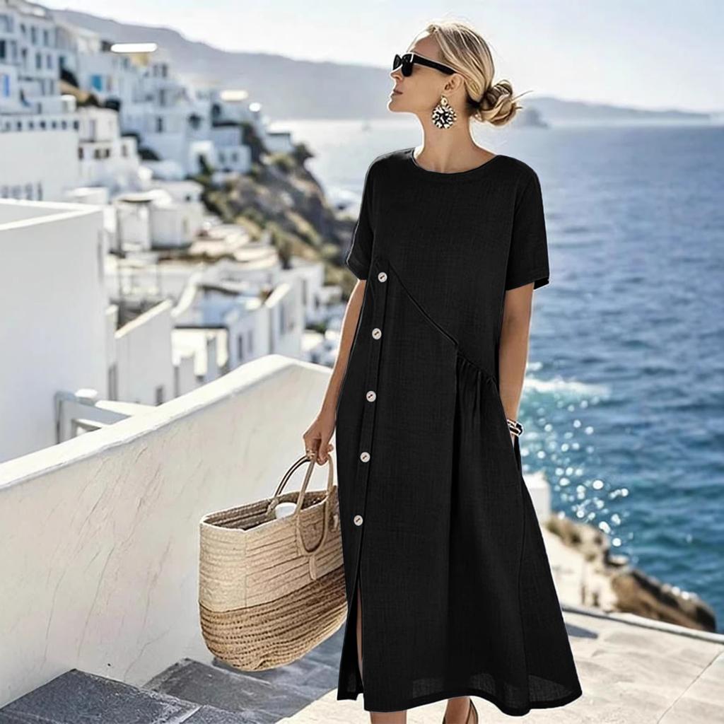 Women's Casual Loose Round Neck Short Sleeve Button Decor Ruched Pocket Midi A Line Linen Dress