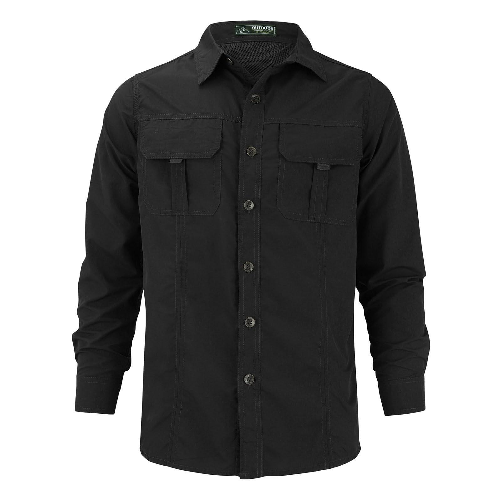 

Men Slim Quick Dry Dress Shirts Casual Lightweight Button Down Hiking With Pockets XXXL чорний