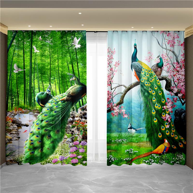 

Новый китайский стиль тушью пейзаж цветы живопись павлин феникс занавеска от пола до потолка гостиная тканевая занавеска 50W80Hx2pcs(CM)&Rod Pocket