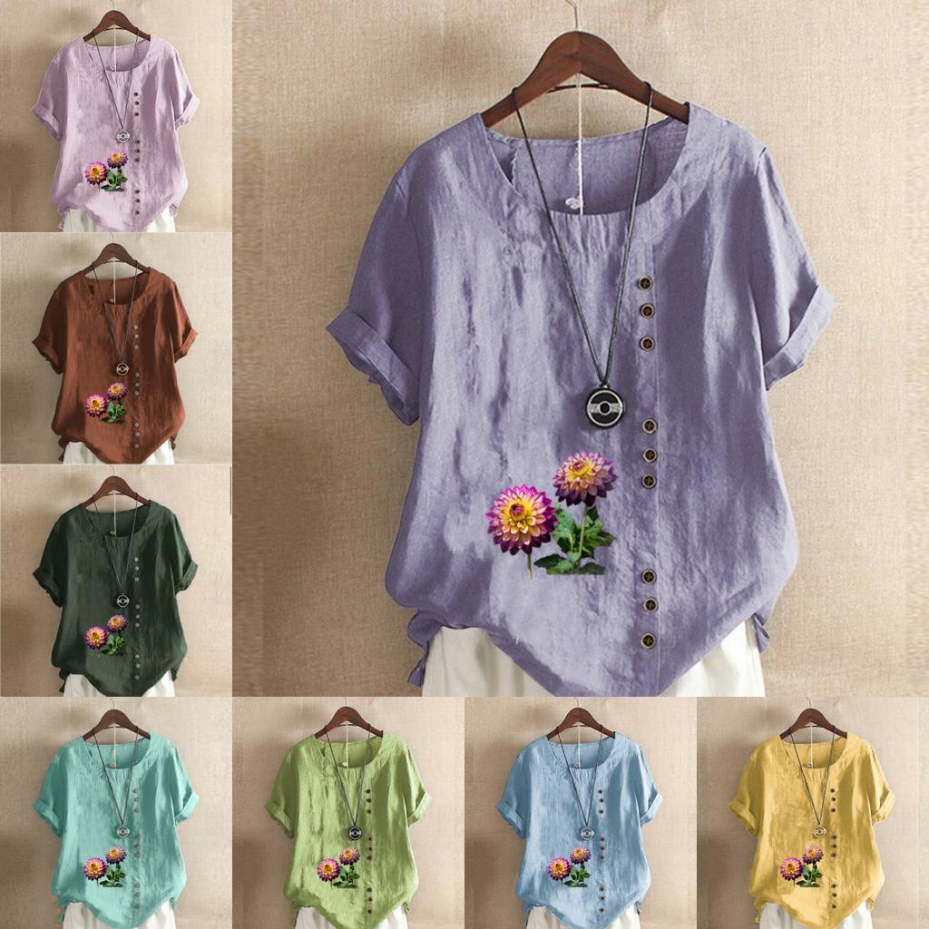 Women's Fashion Flowers Prined Round Neck Short Sleeve T-shirt Casual Cotton Linen Graphic Shirt Leisure Loose Summer Blouse Tops