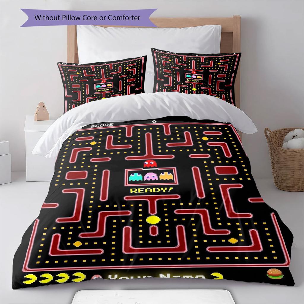 Pac-Man Custom Name Pattern Bedding,Quilt Set Quilt Cover Pillowcase Home Birthday Gift(1 * Duvet Cover + 2 * Pillowcase, Without Core)