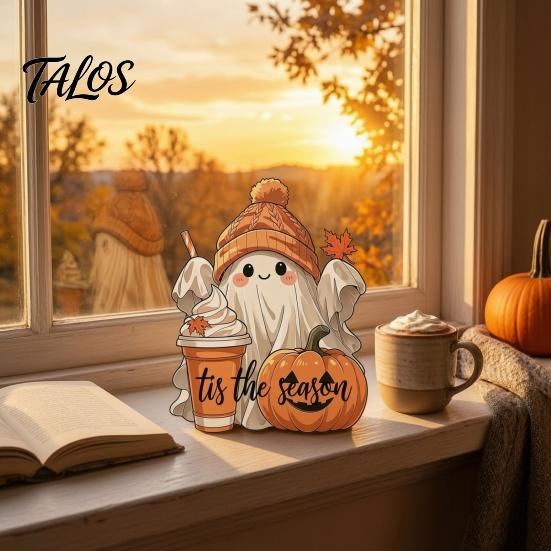 Halloween Party Supplies Wooden Ghost Ornament with Pumpkin Pattern, Double Sided Desktop Decoration, Spooky Tiered Tray Decor Decor, Wood Tabletop
