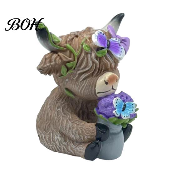 Whimsical Courtyard Sculptures Lavender Highland Cow Resin Figurine, Cute Fluffy with Butterfly Bow & Floral Wreath, Animal Figurines Pastel