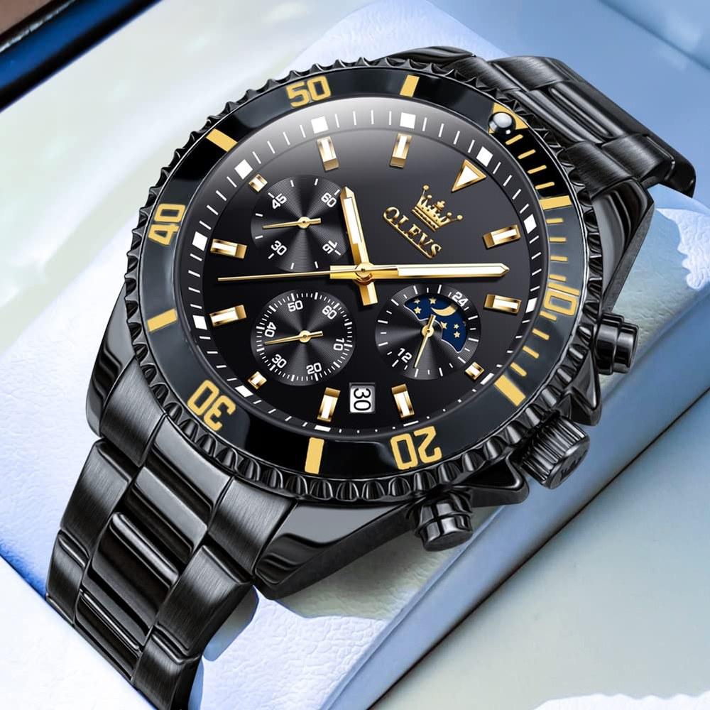 OLEVS Men's Analog Quartz Wristwatch Black Metal Band Waterproof Date Display Large Unidirectional Rotating Bezel