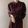 Single Breasted Women's Shirt Dresses Sashes New Stand Collar Casual Straight Dress Female