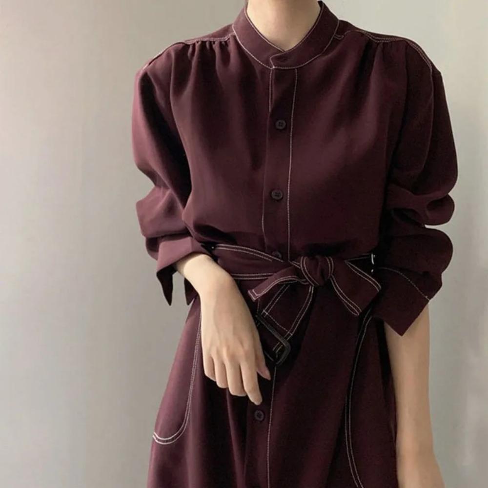 Single Breasted Women's Shirt Dresses Sashes New Stand Collar Casual Straight Dress Female