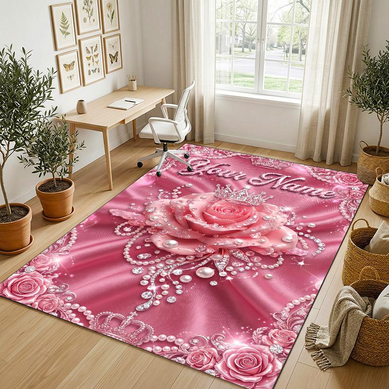 Floral Garden Theme Crystal Velvet Rug Personalized Custom Name Text Soft Floor Mat Home Decor