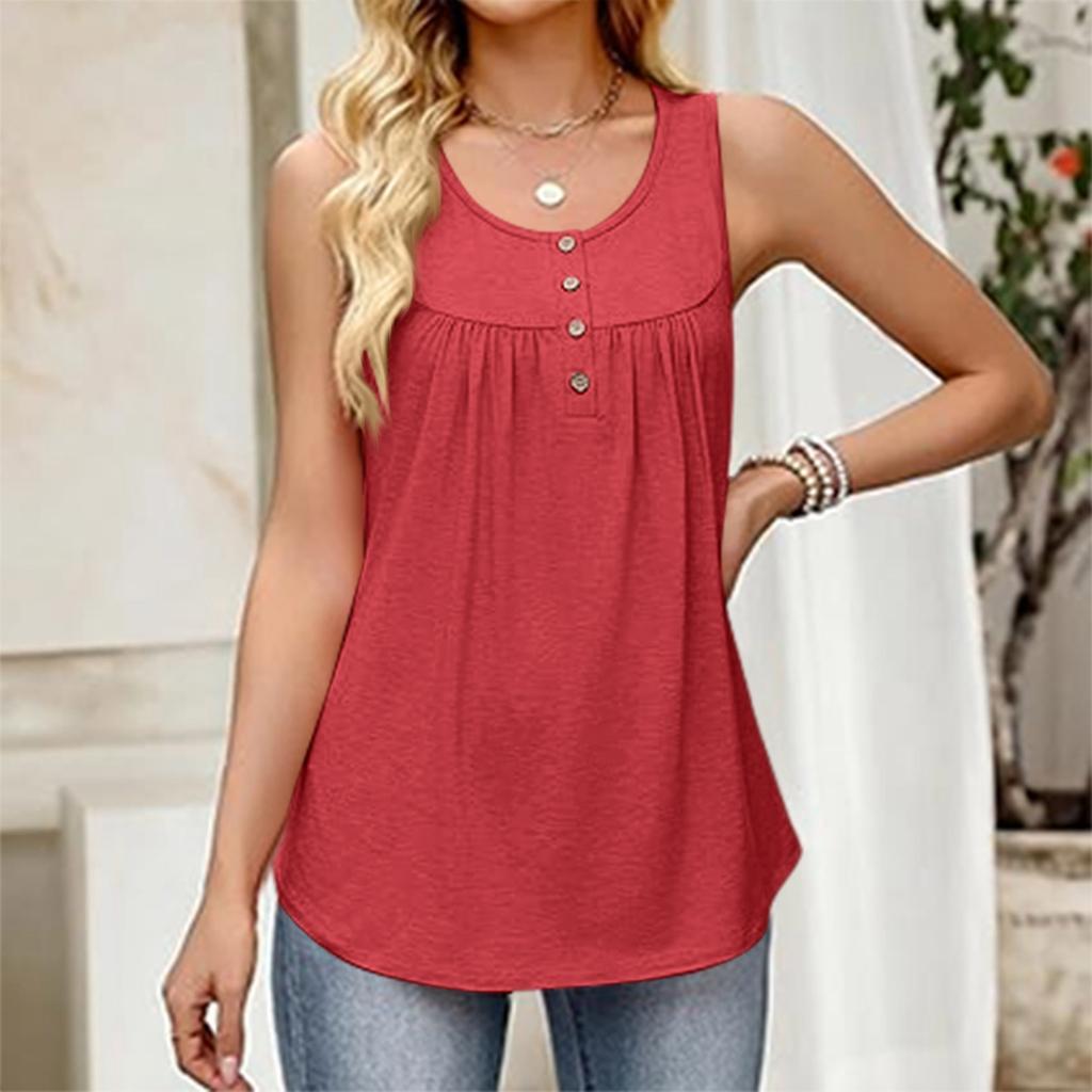 Women's Fashionable Plain Color, Round Neck, Button-Decorated Sleeveless Vest Top, Suitable For Both Inner And Outer Wear.