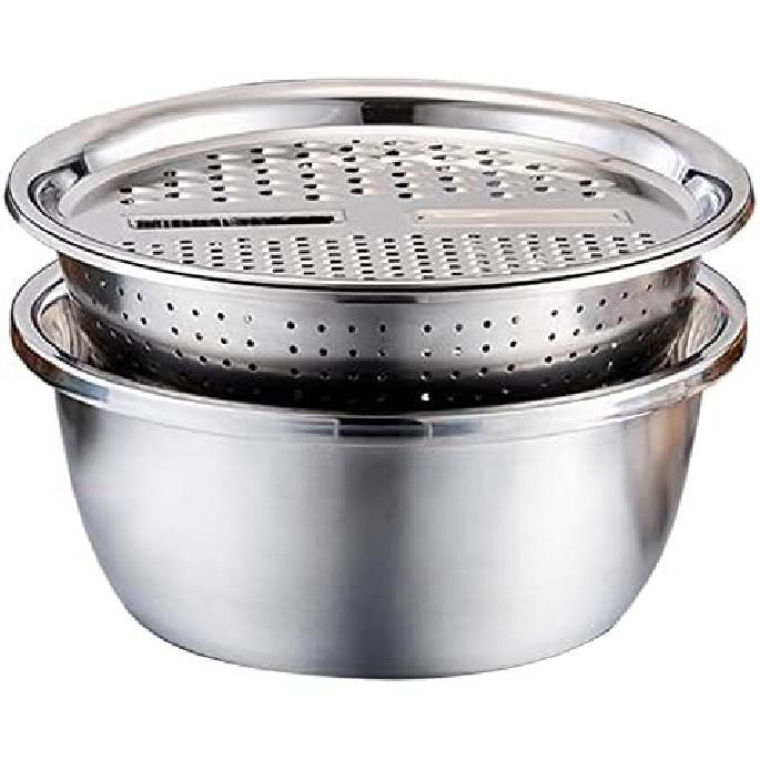 Germany Multifunctional Stainless Steel Basin,Multi Stainless Steel Basin with Grater Vegetable Cutter Slicer Grater Strainer Drain Basket Salad