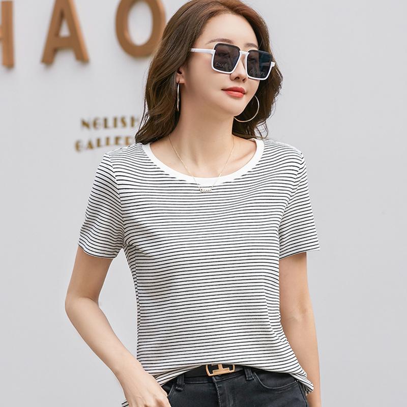 

Женская полосатая футболка, элегантная, облегающая, с круглым вырезом, коротким рукавом, хлопковый топ, свободный крой, повседневная, трикотажная, летняя женская футболка для офиса XXXL чёрный