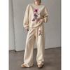 Women's Crewneck Sweatshirt & Drawstring Straight-Leg Pants 2-Piece Set, French Eiffel Tower Rose Print Lounge Set, Relaxed & Comfortable Casual Wear