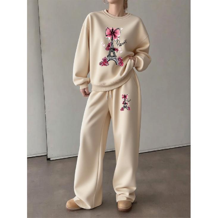 Women's Crewneck Sweatshirt & Drawstring Straight-Leg Pants 2-Piece Set, French Eiffel Tower Rose Print Lounge Set, Relaxed & Comfortable Casual Wear