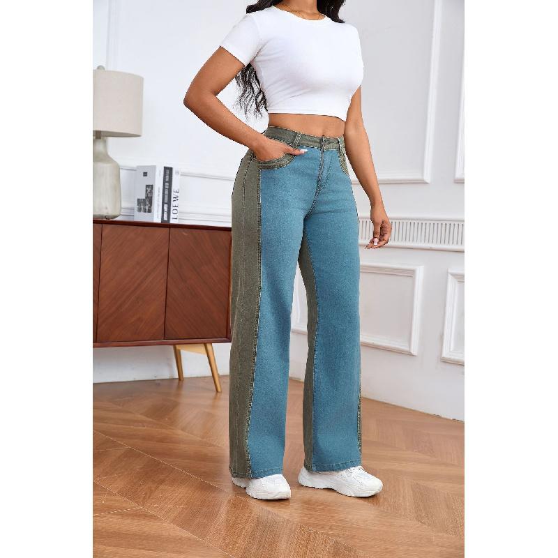 Patchwork Design Wide-Leg Jeans for Women 2026 New Slim-Fit Slimming Color-Block Long Pants