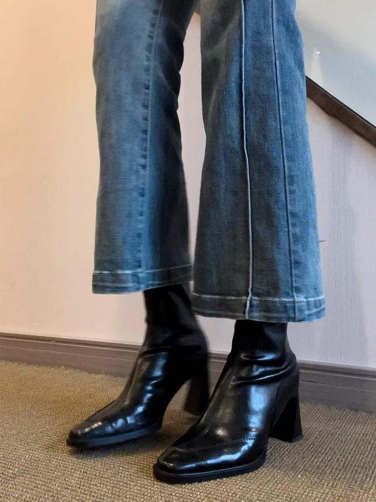 2025 Herbst/Winter Damen Französische Retro High Heel Stiefeletten - Blockabsatz, Eckige Zehenpartie, Stretch-Passform