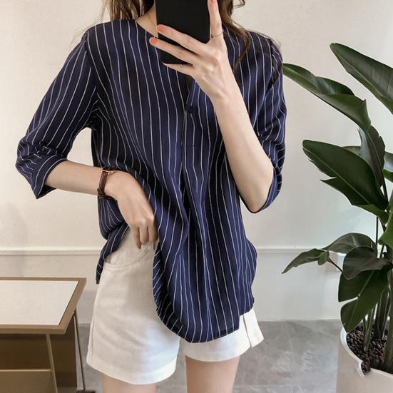 Women Shirt Striped Print V-neck 3/4 Sleeves V Neck Elegant Summer Women Working Clothes Streetwear