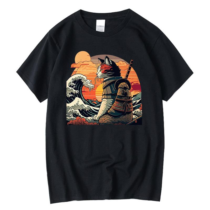 Men's High Quality T-shirt 100% Cotton Anime Knife Cat Print Loose Summer Short Sleeve Men T Shirt Male T-shirt Tops Tees