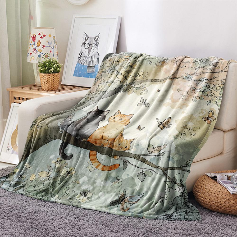 Butterfly Cat on a Branch  Print Flannel Blanket, High quality Comfortable for All Seasons, Home Decor, Warmth and Comfort