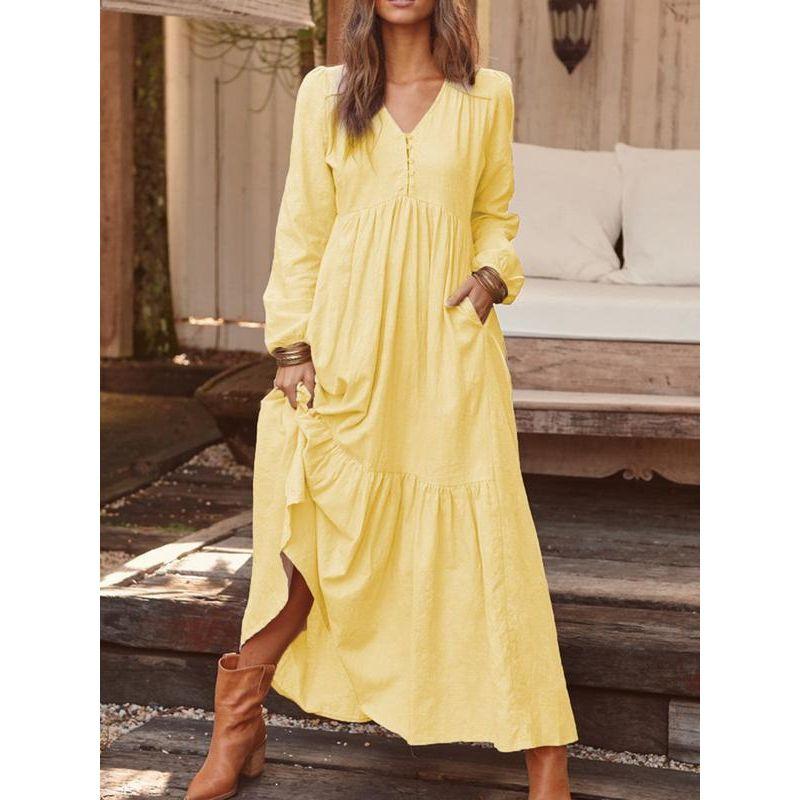 

Casual V-neck Long Sleeved Loose Dress Casual V-neck Long Sleeves Loose Dress Light yellow 5XL