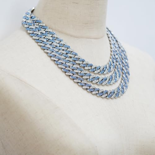 Takeda Jewelry Men's Iced Out Cuban Chain Necklace, Silver and Blue Rhinestones, Wide Chain, Street Style Accessory, 45/50/55cm (55cm)