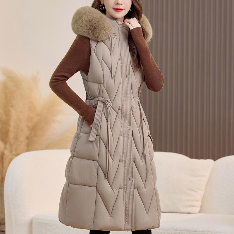 

Модный зимний женский длинный теплый жилет с капюшоном, воротником из искусственного меха, толстый безрукавный парка, женские куртки XL хаки