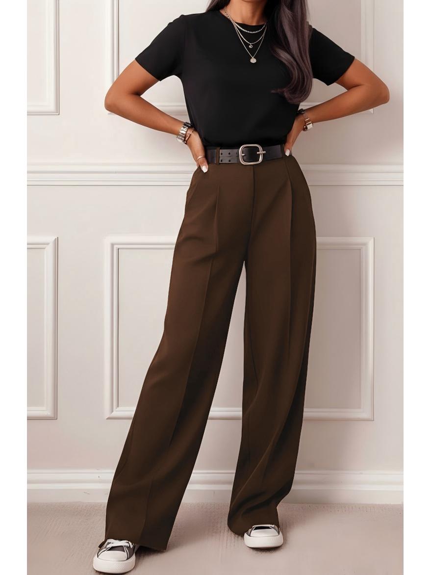 

2026 Spring Collection: Women s Casual High-End Wide-Leg Solid Color Pants with Pockets and Belt Loops XL темно-коричневого кольору