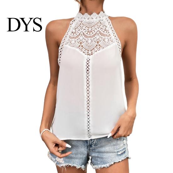 Sexy Back Button Vest Women Halter Neck Solid Color Lace Decoration Blouse Tops Hollow Stitching Casual Button-up Cami